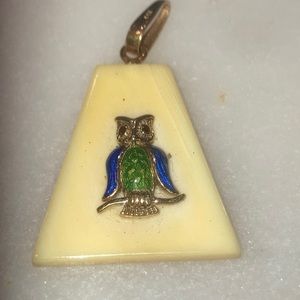 Vintage Enamel Ivory 14k Gold Owl Pendant
